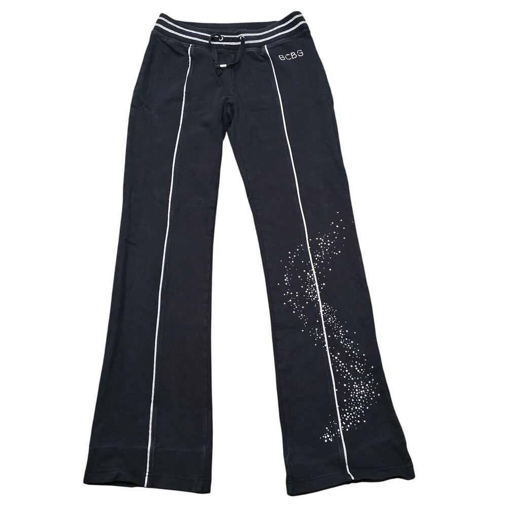BCBG Maxazria Black & Silver Rhinestone Embellished Elastic Waist Pocket Pants